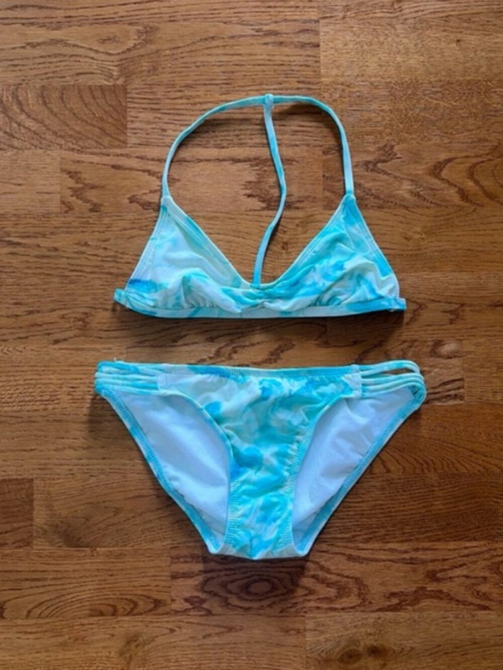 Pura Vida Swimsuit Swim XS 2 Piece Bikini Top Strappy Bottom Blue White Tie Dye